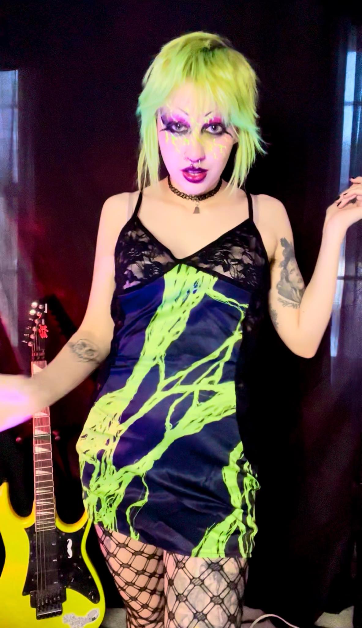 Electric Green Slime Black Lace Cami Dress The Shoggoth Assembly Electric Green Slime Black Lace Cami Dress The Shoggoth Assembly
